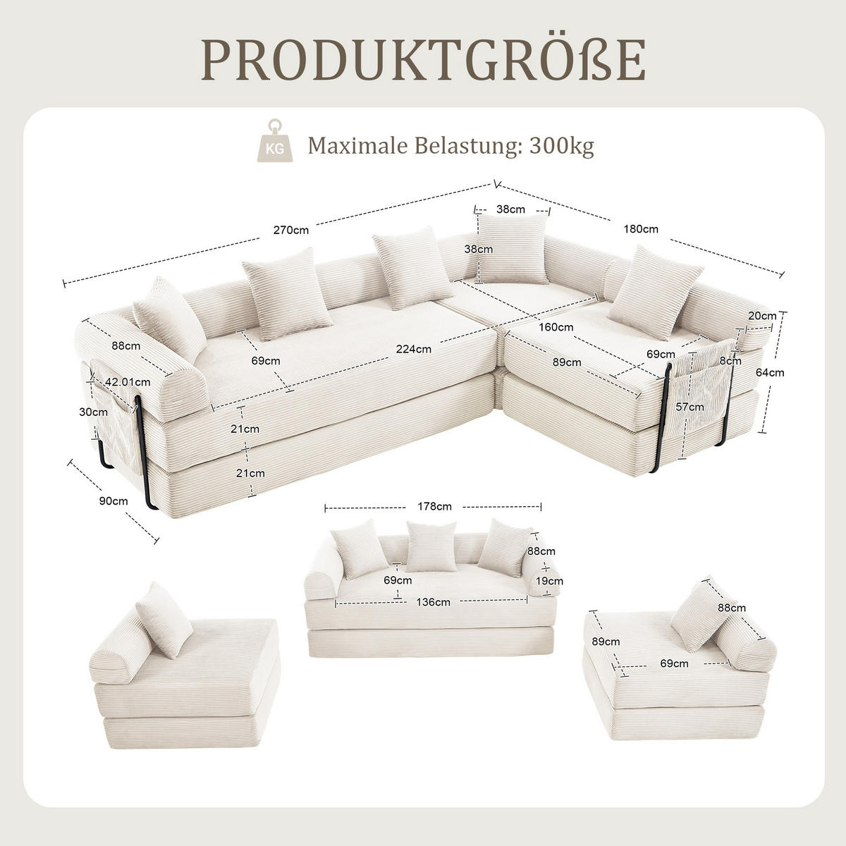ECKSCHLAFSOFA Modulsofa,Fünfsitzer mit Schlaffunktion,kombinierbar,Cord,Beige - Beige, Textil (270/180cm) - LVHOM