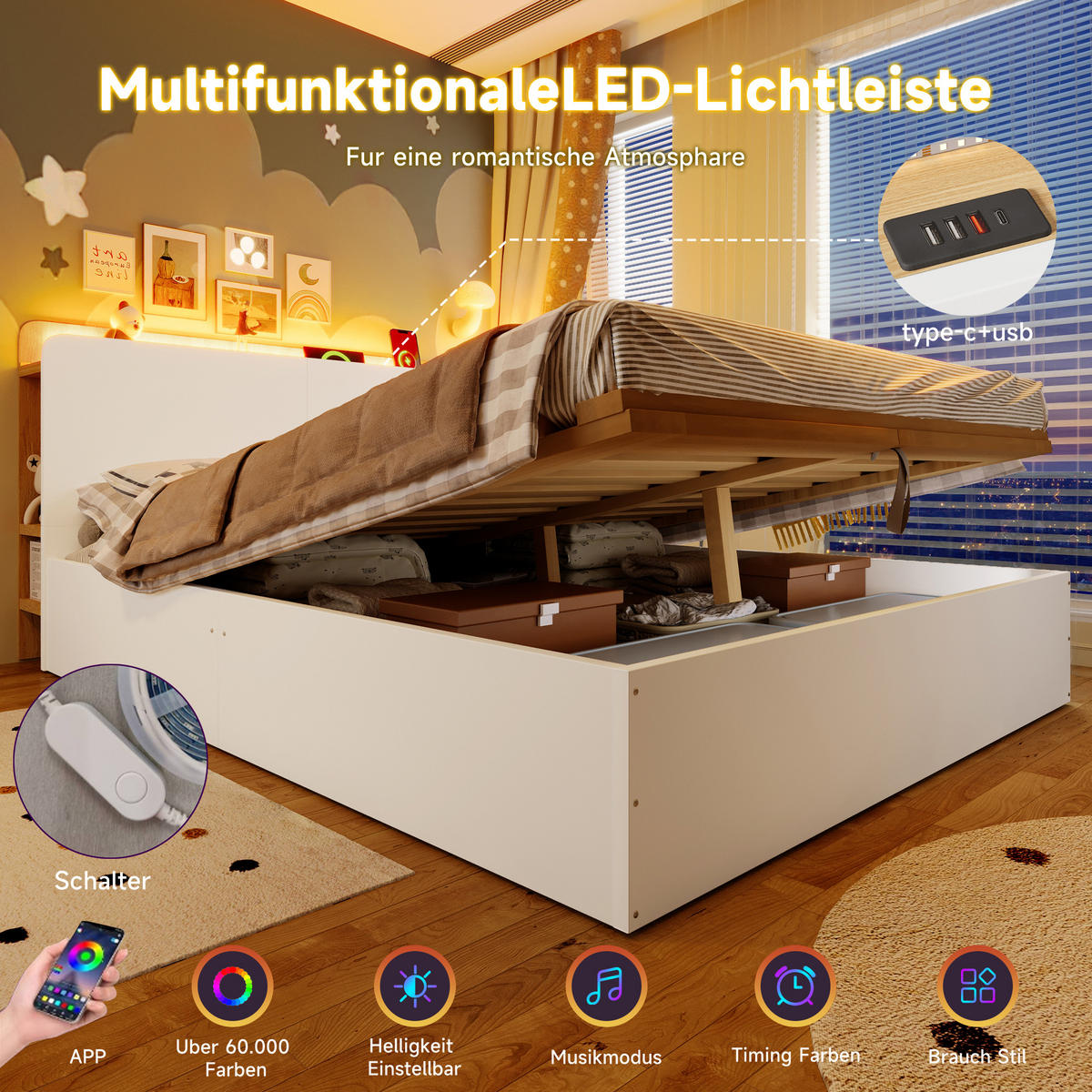 KINDERBETT 140/200 cm in Weiß & Natur mit Stauraum, LED und USB - Weiß/Naturfarben, Holz/Holzwerkstoff (140/200cm) - WISHDOR