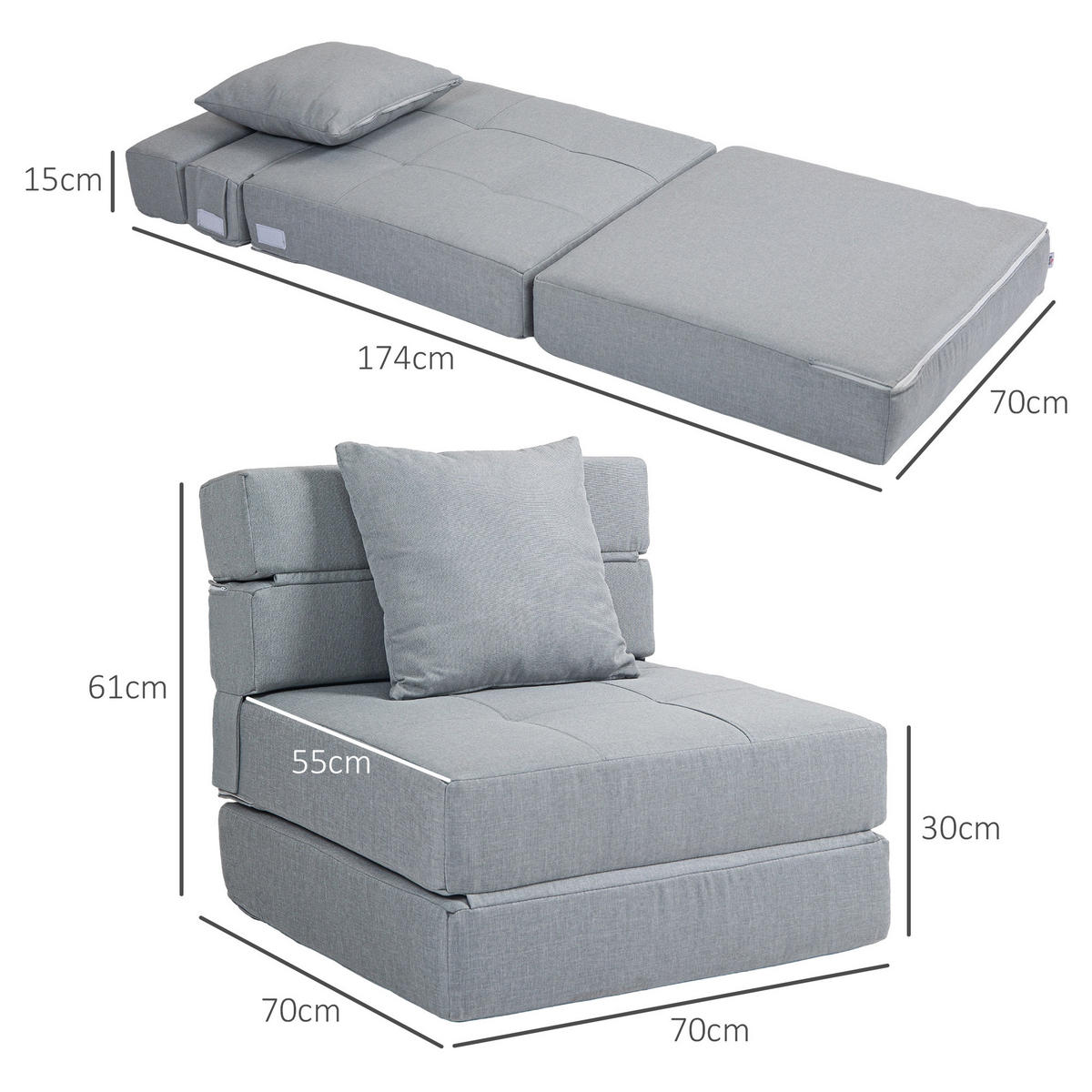 SCHLAFSESSEL Schlafsofa Sofabett Einzelsofa mit Waschbarem Kissen Hellgrau - Hellgrau, Textil (70/61/70cm) - HOMCOM