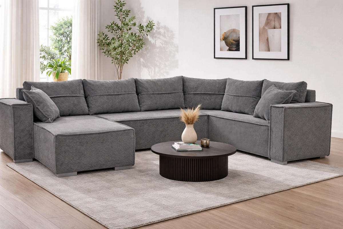 WOHNLANDSCHAFT STYLO U-Form mit Schlaffunktion Bettkasten Cordstoff Poso Grau - Grau, Kunststoff (315/90/215cm) - Wohnideebilder