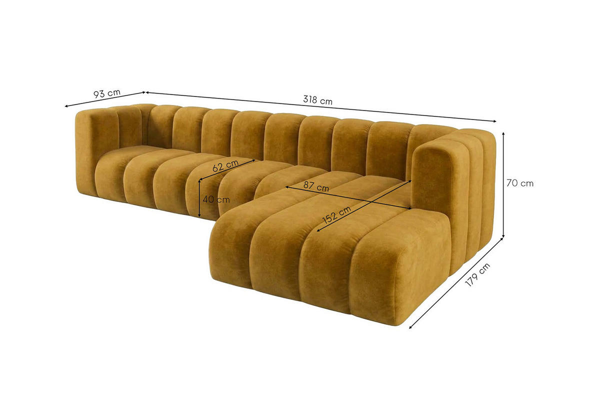 ECKSOFA Modulares In L-Form, Velvet-Stoff Riviera, Senffarbe, Rechts, GRAND 318 cm - Gelb, Holz (318/179cm) - Kaiser Möbel
