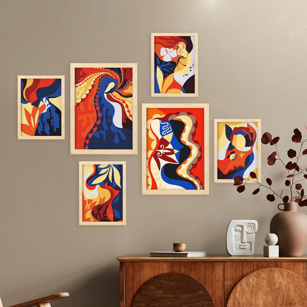 POSTER Set Mit 6 Rococo Arts 2 In Weibliche Zusammenfassung Ästhetische Dekorative Gemälde Für Ihr Wohnzimmer Zuhause A3 & A4 Rahmen Aus Hellem Holz - Beige, Papier (29/3cm) - Nacnic