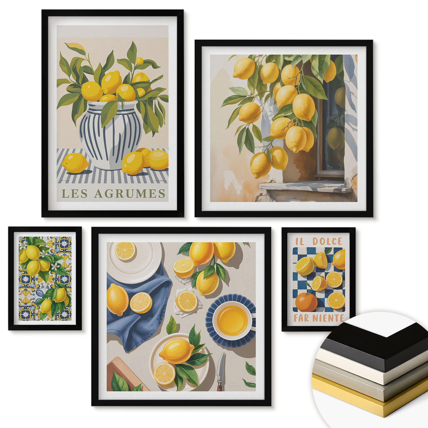 WANDBILDER 5er-Set - 50x50 cm & 20x30 cm & 40x60 cm Schwarzer Rahmen - Rustikale Cocktails mit Olivenblüten - Schwarz, Kunststoff (40/60cm) - ArtPrintCave
