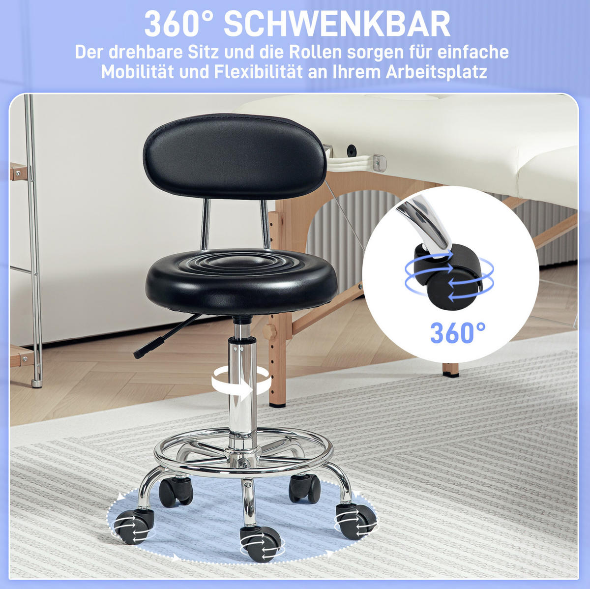 ROLLHOCKER höhenverstellbar mit Lehne und Fußstütze Kunstleder Schwarz - Schwarz, Metall (32/86/40cm) - Meubliv