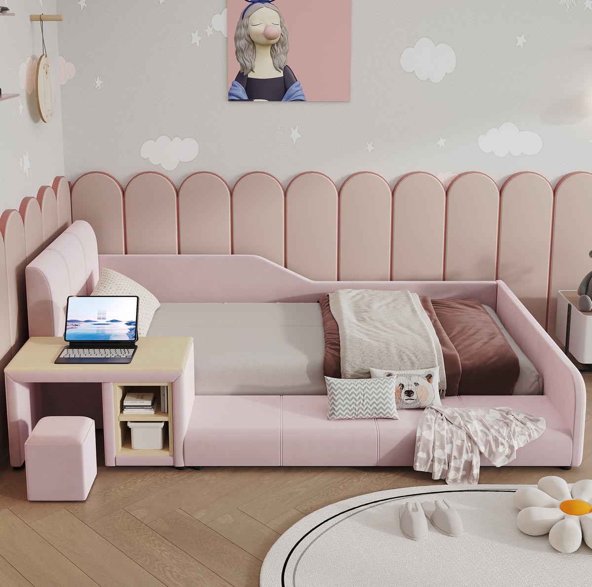 BETT 90/200 cm in Pink mit Schreibtisch, Hocker und Ablageboden - Rosa, Textil (90/200cm) - Flora Grace