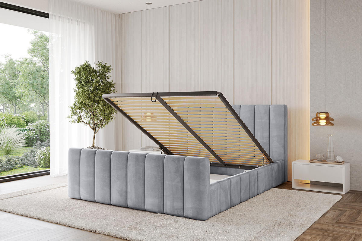 POLSTERBETT mit Bettkasten, Fußteil und Lattenrost, Boxbett mit Matratze H3/H4 - FINO-Z 180x200 Hellgrau - Hellgrau, Holzwerkstoff/Textil (180/200cm) - ALTDECOR