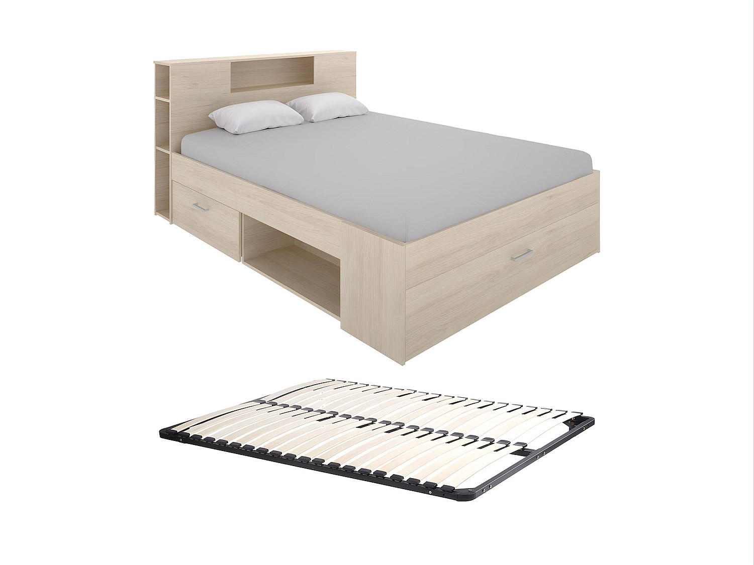 BETT mit Kopfteil, Stauraum & Schubladen + Lattenrost - 140 x 190 cm - Naturfarben - LEANDRE - Naturfarben, Holz (140/190cm) - Vente-Unique