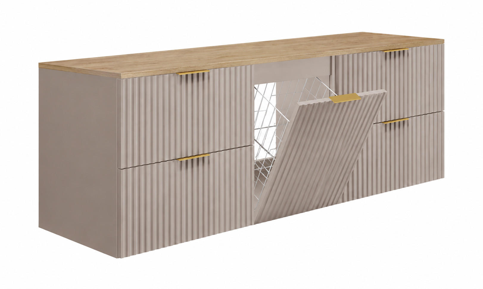 BADMÖBEL-SET MIT WÄSCHEKORB: Kaschmir / Platte Eiche Hell, Griffe Gold, 160 x 46 x 57 cm - Kaschmir/Eichefarben, Holzwerkstoff (160/57/46cm) - 3XE LIVING