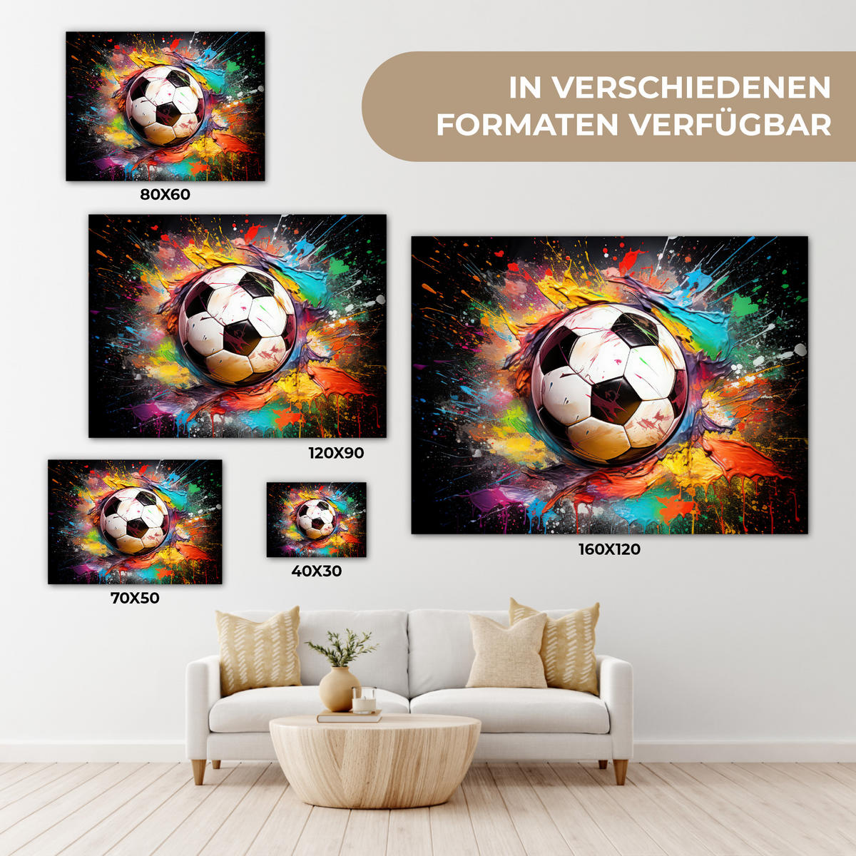 LEINWANDBILD Fußball - Farbe - Farben - Schwarz - Weiß Wandbilder 80x60 cm - Weiß, Textil (80/60cm) - MuchoWow