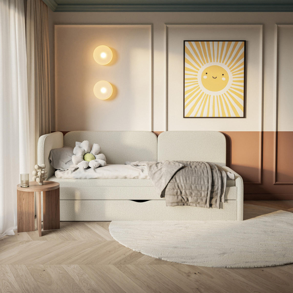 ČALOUNĚNÁ postel Cuddy, čelo vlevo, pletená látka světle béžová, 90x200 cm - černá/ecru, textil/plast (90/200cm) - Selsey