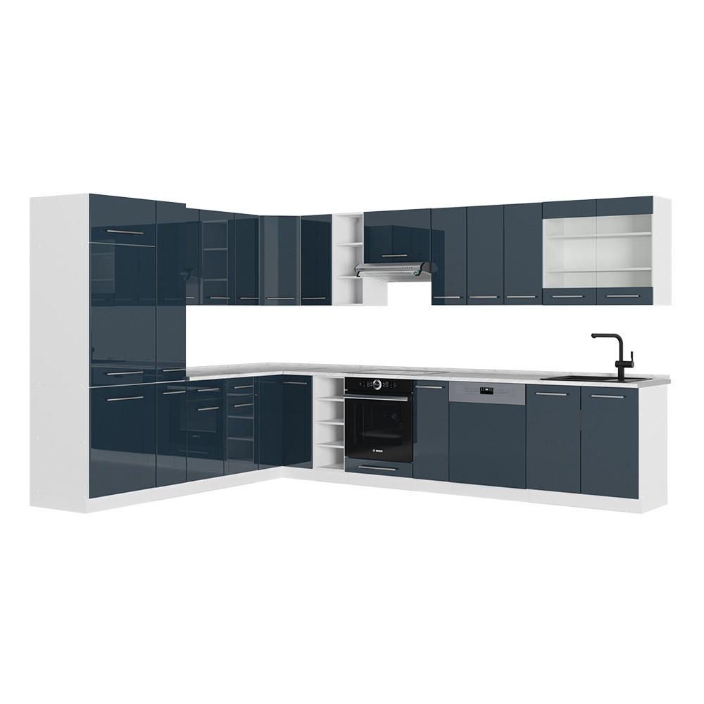 ECKKÜCHE Fame-Line Dunkelblau Hochglanz/Weiß 257 x 60 cm ohne AP - Dunkelblau/Weiß, Holzwerkstoff (347/81.6/46cm) - Vicco