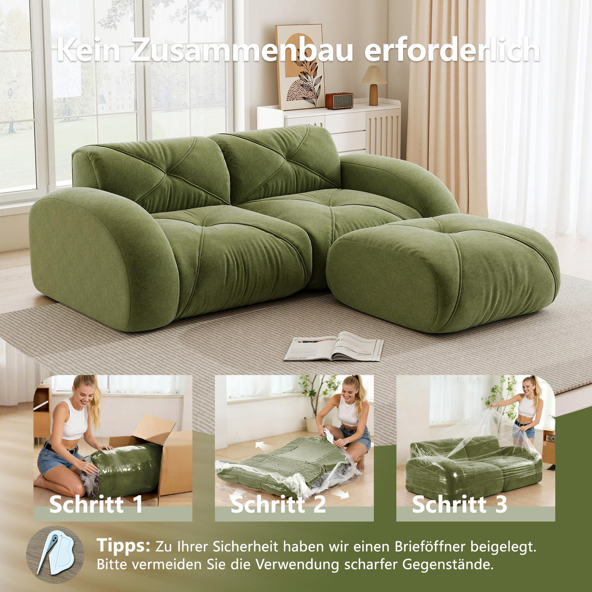 2-SITZER ECKSOFA Chenille Grün - Grün, Textil (204/171cm) - WISHDOR