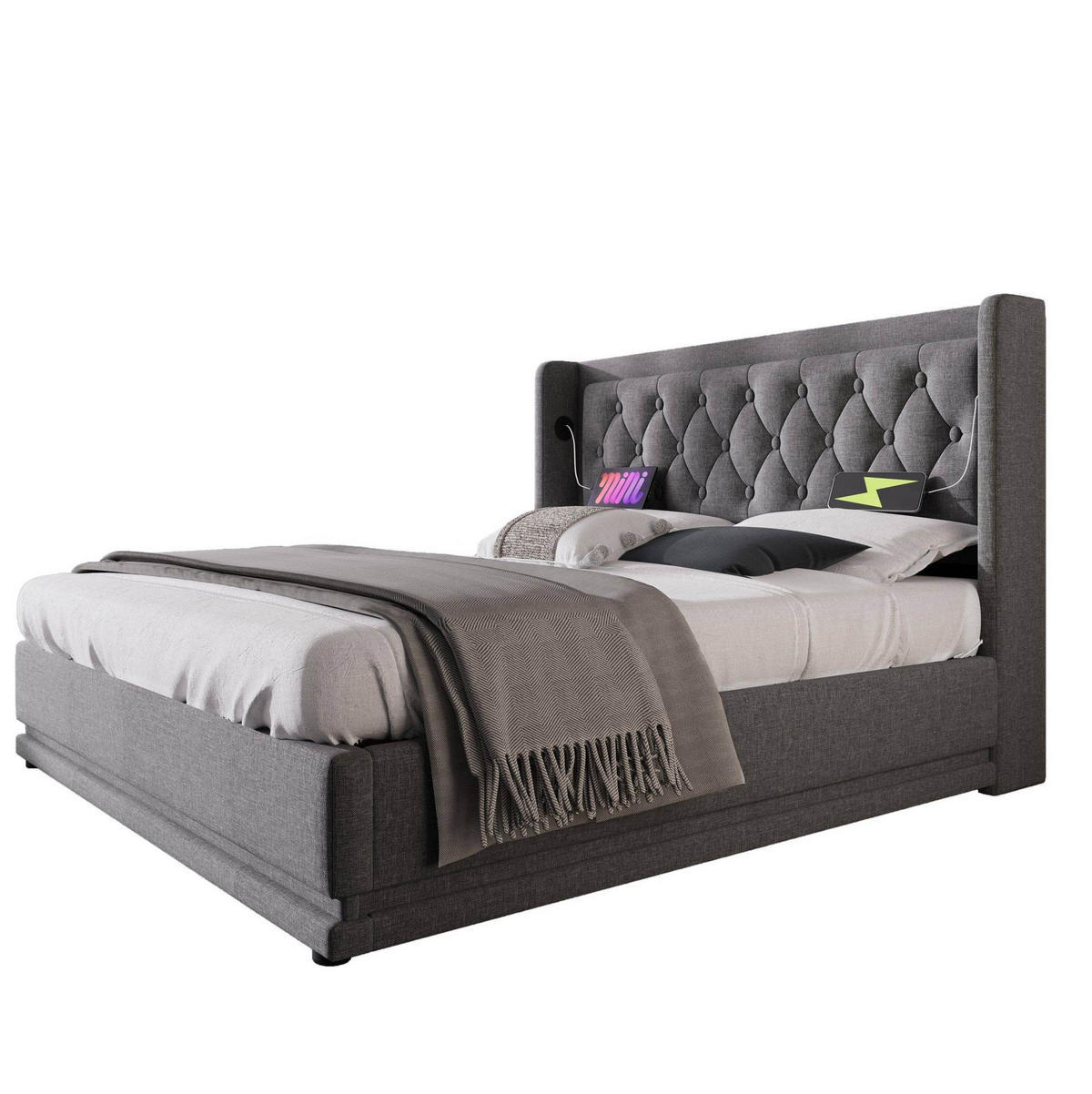 POLSTERBETT 160/200 cm mit Bettkasten, LED und USB-C in Grau - Grau, Textil (160/200cm) - BEAOK