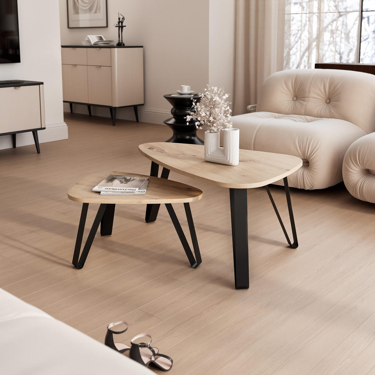 SATZTISCH NOA Stahlgestell, Freiform, Schwarz / Artisan-Eiche - Schwarz/Eiche Artisan, Holzwerkstoff (94/60/42cm) - Idohome