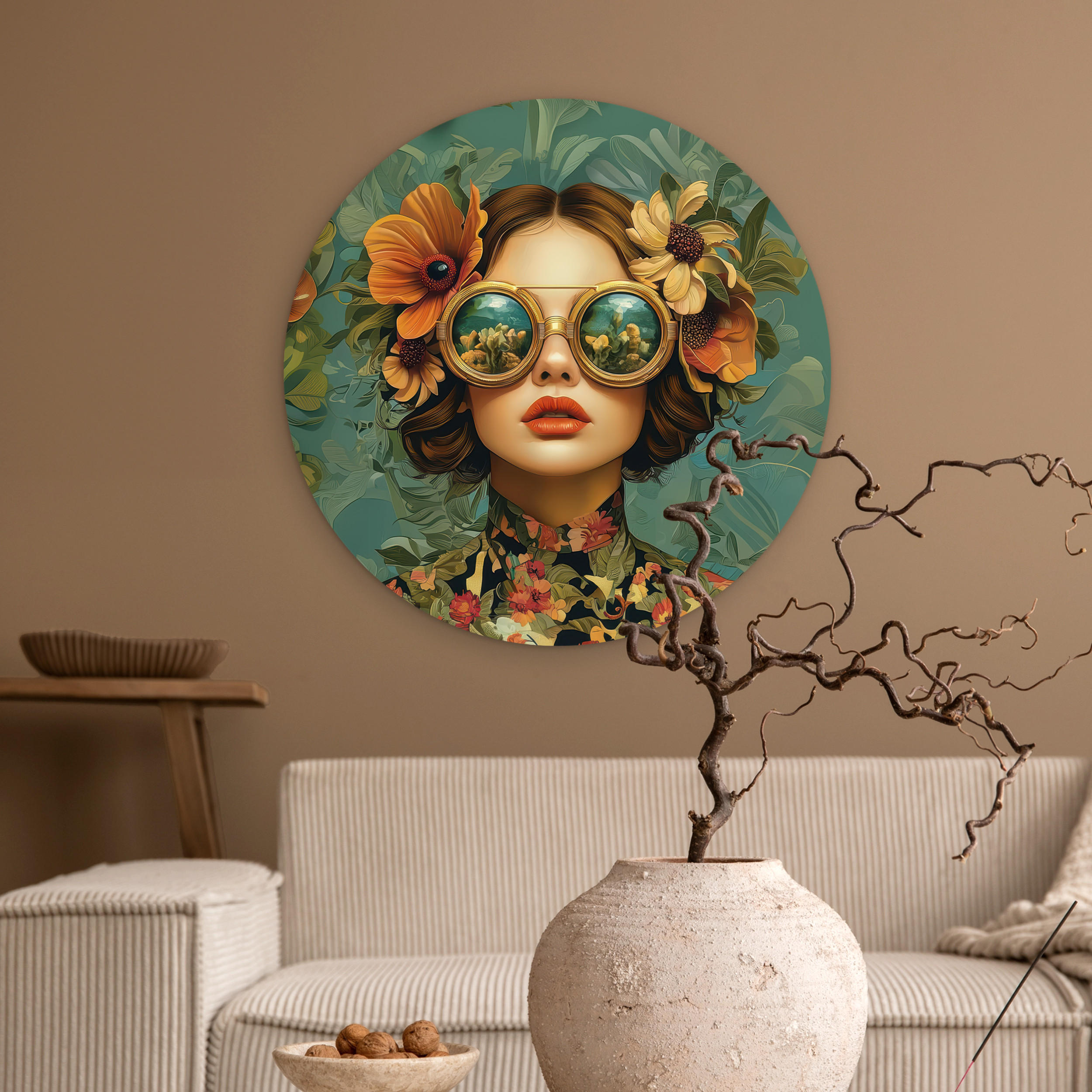 WANDBILD Frau - Blumen - Schmetterlinge - Natur - Vintage 60x60 cm - Petrol, Kunststoff (60/60cm) - MuchoWow