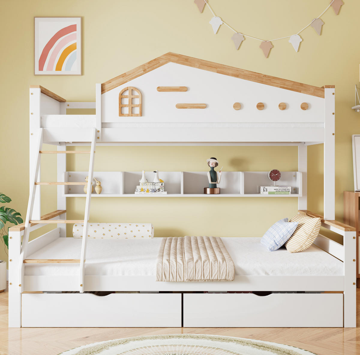 HAUSBETT 90/200 cm & 140/200 cm mit Regal und 2 Schubladen - Weiß, Holzwerkstoff (90/200cm) - Flora Grace