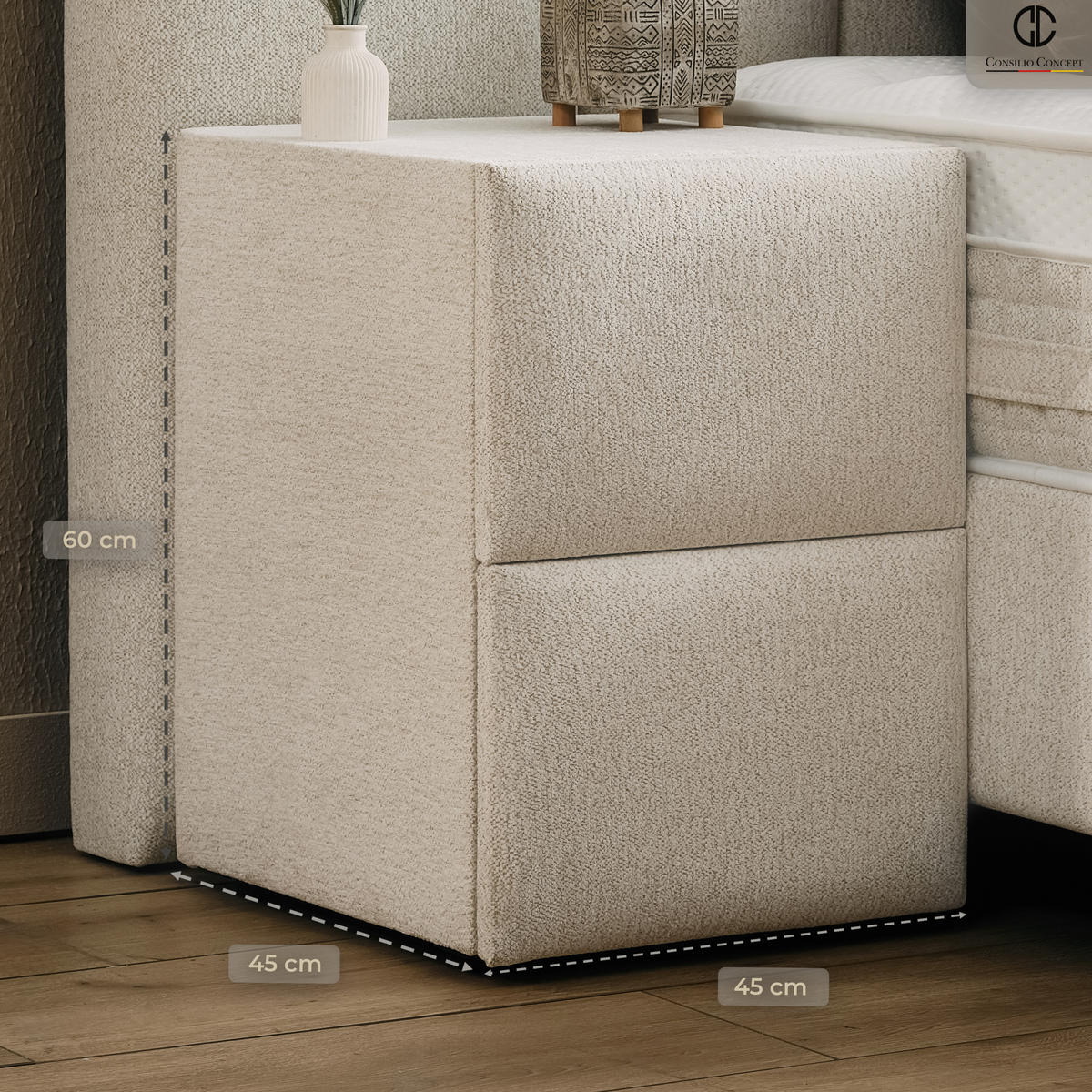 NACHTTISCH DUBAI 45/45/60 cm, Ivory, zwei Schubladen - Creme/Schwarz, Holz/Kunststoff (45/60/45cm) - Consilio Concept