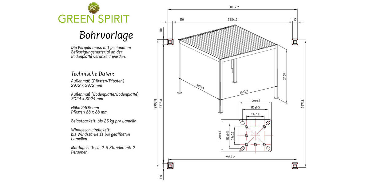 LAMELLENDACH-PERGOLA Mirador Basic 3x3 m Anthrazit Aluminium - Grau, Kunststoff (300/240/300cm) - Green Spirit