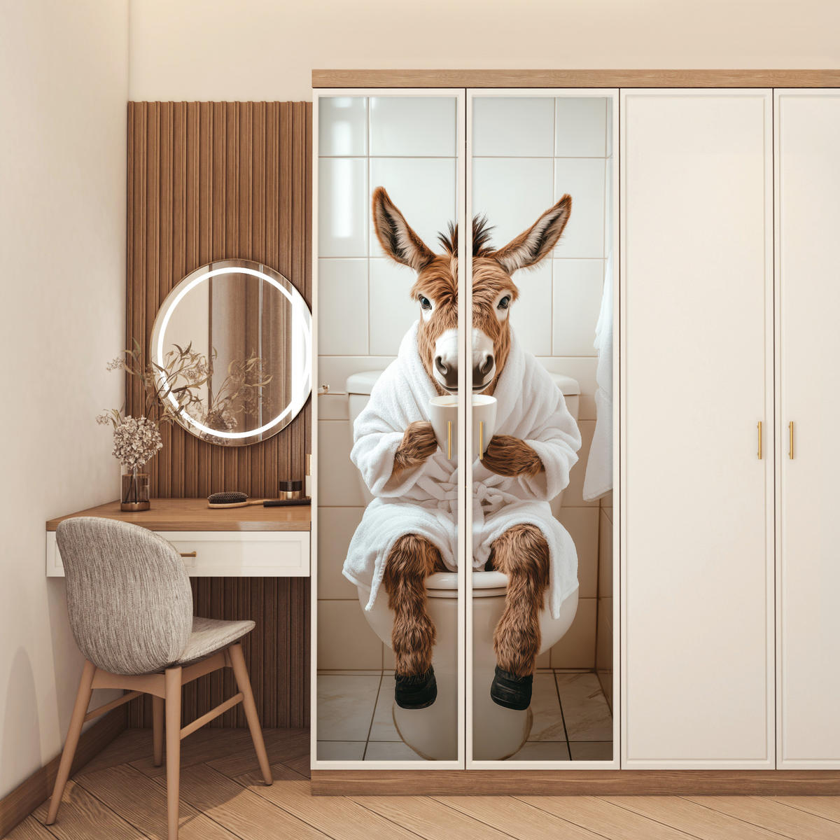 FOTOTAPETE Tür - Esel - WC - Lustig - Bademantel - Tier 75x205 cm - Beige, Kunststoff (75/0.1cm) - MuchoWow