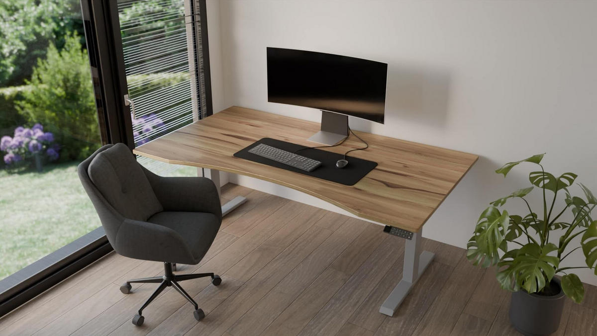 SCHREIBTISCH 150/80 elektrisch höhenverstellbar aus Wildeiche ergonomisch - Weiß - Weiß/Braun, Holz (80/150/72.5cm) - MeinMassivholz