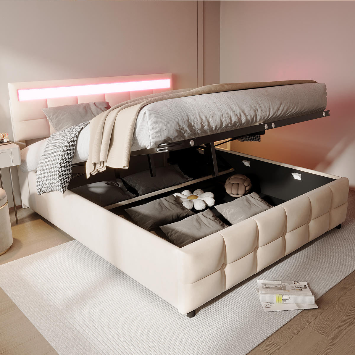 POLSTERBETT 180/200 cm in Beige Samt mit Bettkasten und LED - Beige, Holzwerkstoff/Textil (180/200cm) - WISHDOR