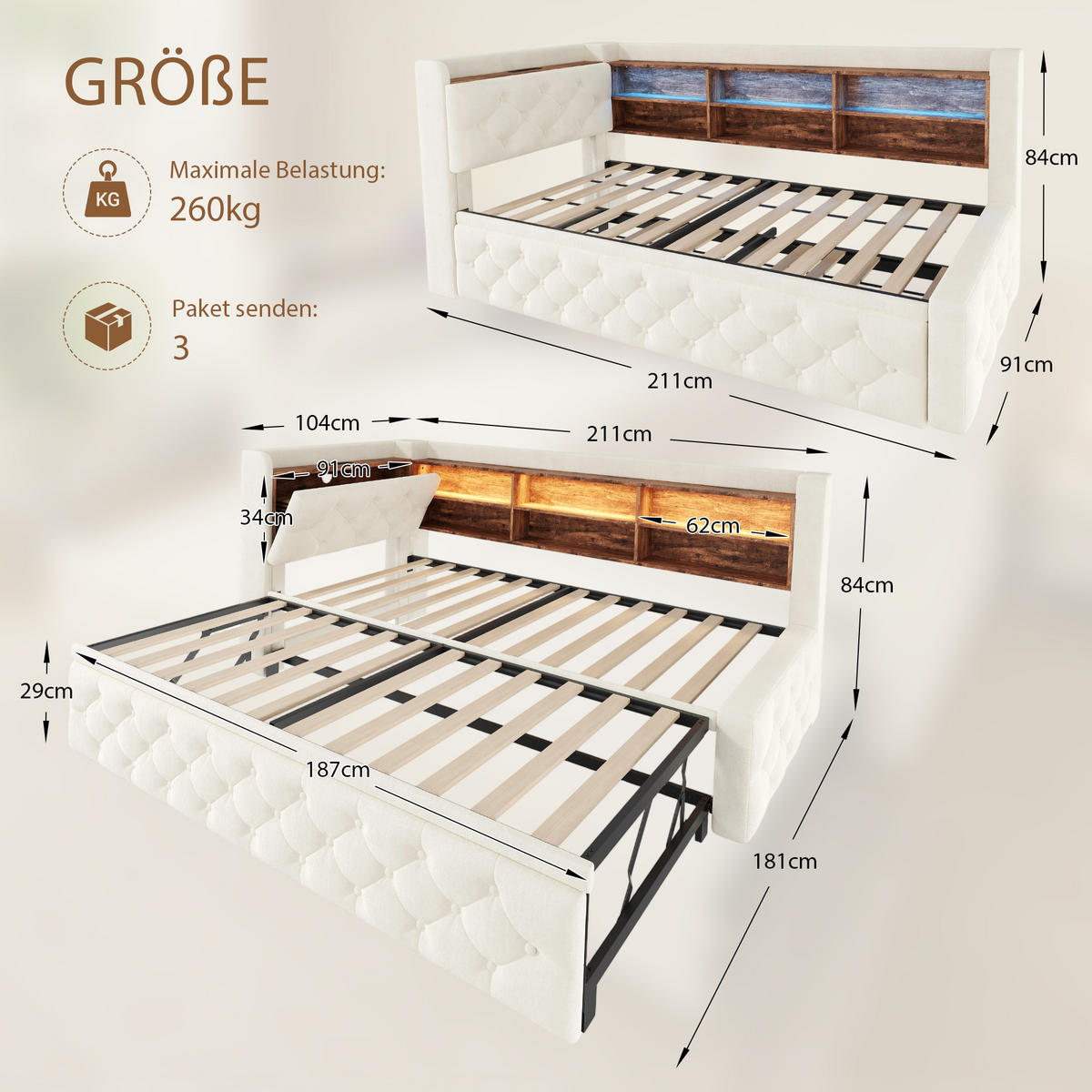 TAGESBETT Ausziehbar 90/180x190cm, Samt, LED/USB/Stauraum, Beige - Beige, Holz/Textil - LVHOM