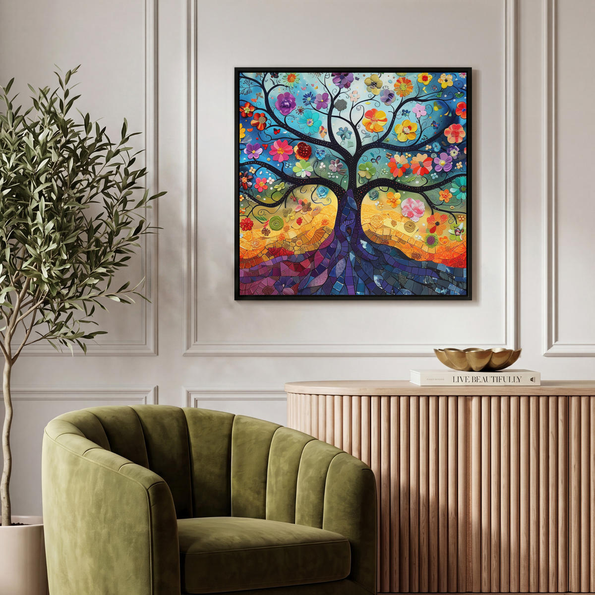 LEINWAND Bilder mit Rahmen - Kunst - Baum des Lebens - Blumen - Hippie - 50x50 - Dunkelblau, Textil (50/50cm) - MuchoWow