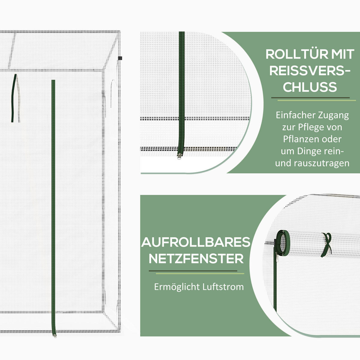 FOLIENGEWÄCHSHAUS, mit Rolltür, mit Seitenfenster, für Garten, aus Stahl, PE, Weiß - Weiß, Kunststoff/Metall (76/168/200cm) - Outsunny