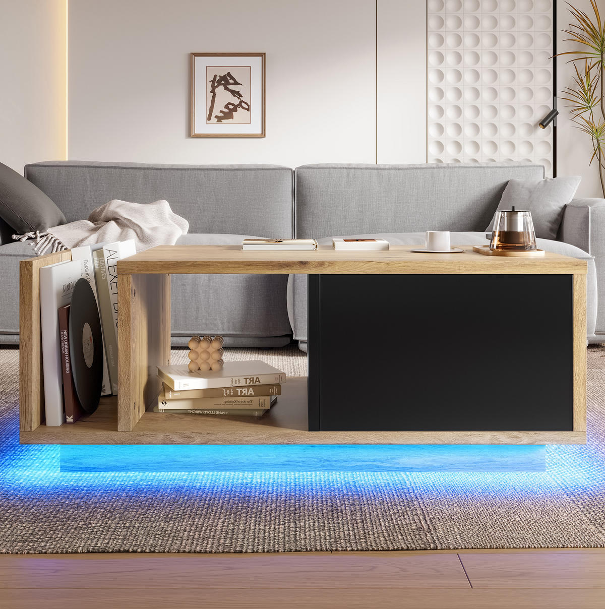 COUCHTISCH aus Holzwerkstoff 99,5x53x38 cm Natur mit LED-Beleuchtung, Schublade und offenem Fach - Naturfarben, Holzwerkstoff (99.5/53/38cm) - IVMEU