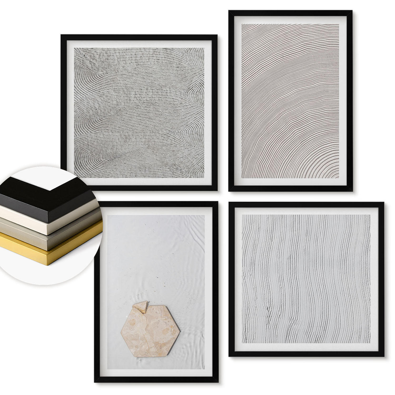 WANDBILDER 4er-Set - 50x50 cm & 40x60 cm Schwarzer Rahmen - Leichte Boho-Sandtexturen - Schwarz, Kunststoff (50/50cm) - ArtPrintCave