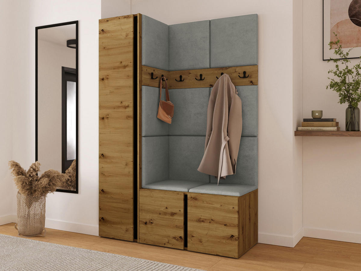 MOBILIER PENTRU HOL Orion IX - stejar Artisan/gri, material plastic/compozit lemnos (124/186/46cm) - MIRJAN24