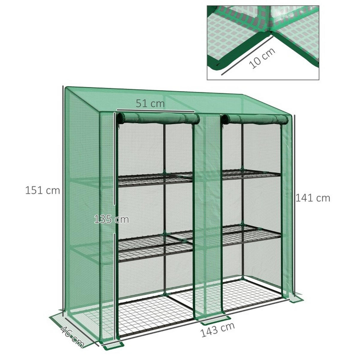 GEWÄCHSHAUS aus Stahl 143x46x141/151 cm in Grün mit 2 Rolltüren - Grün, Metall (46/151/143cm) - Modfu