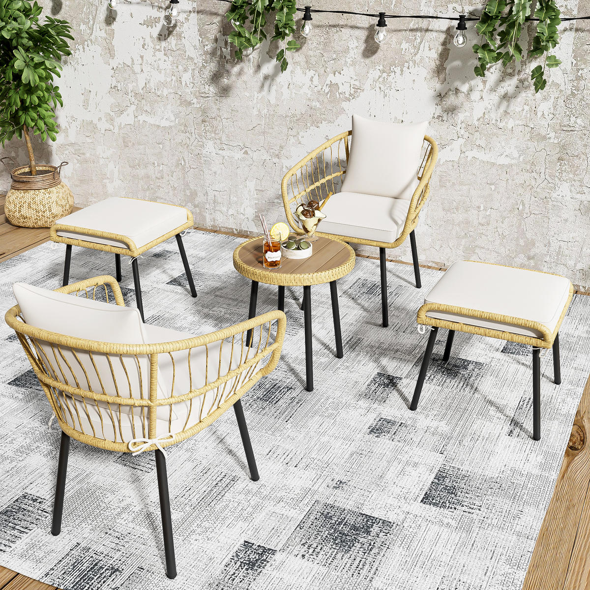 LOUNGESET Rattan Natur/Holzweiß 5-tlg. - Naturfarben, Metall - ComfortXL