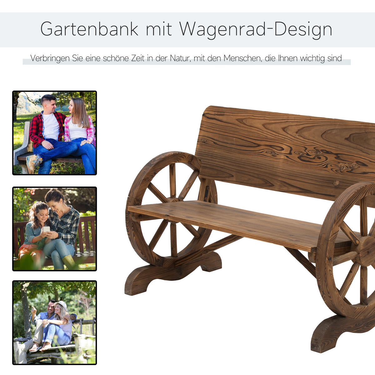 GARTENBANK mit Armlehne, Sitzbank mit Wagenräder-Design, Massivholz, Braun - Dunkelbraun, Holz (58/80/114cm) - Outsunny