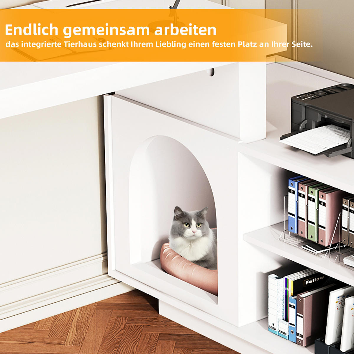 BÜROTISCH mit Stauraum und integriertem Haustierbereich – Weiß - Weiß, Holzwerkstoff/Metall (120/120/75cm) - Urban Meuble