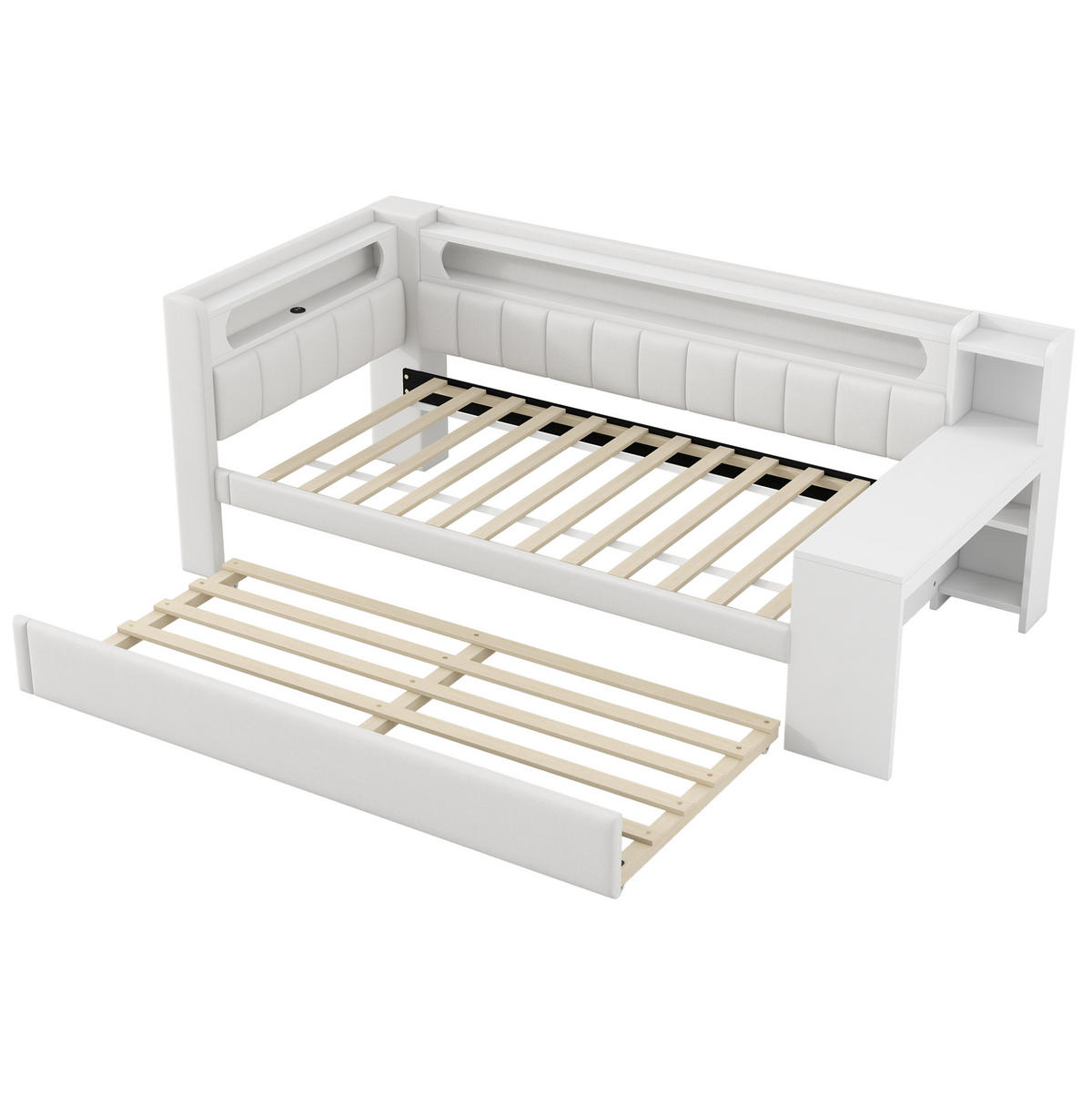 POLSTERBETT Kinder 90/200 cm aus MDF, Sperrholz und Leinen mit USB, LED-Beleuchtung, Ausziehbett und Schreibtisch Weiß - Weiß, Holzwerkstoff (90/200cm) - Modenvie
