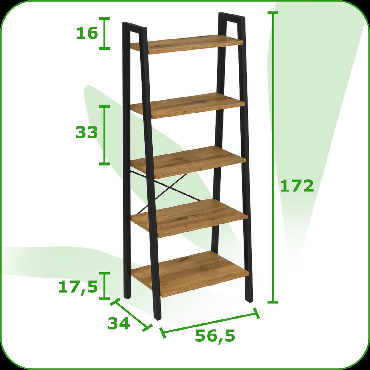 STANDREGAL Holzoptik Metall Erlefarben Schwarz 5 Ablagen 172×56×34 cm - Erlefarben/Schwarz, Holzwerkstoff/Metall (56/172/34cm) - Begryf