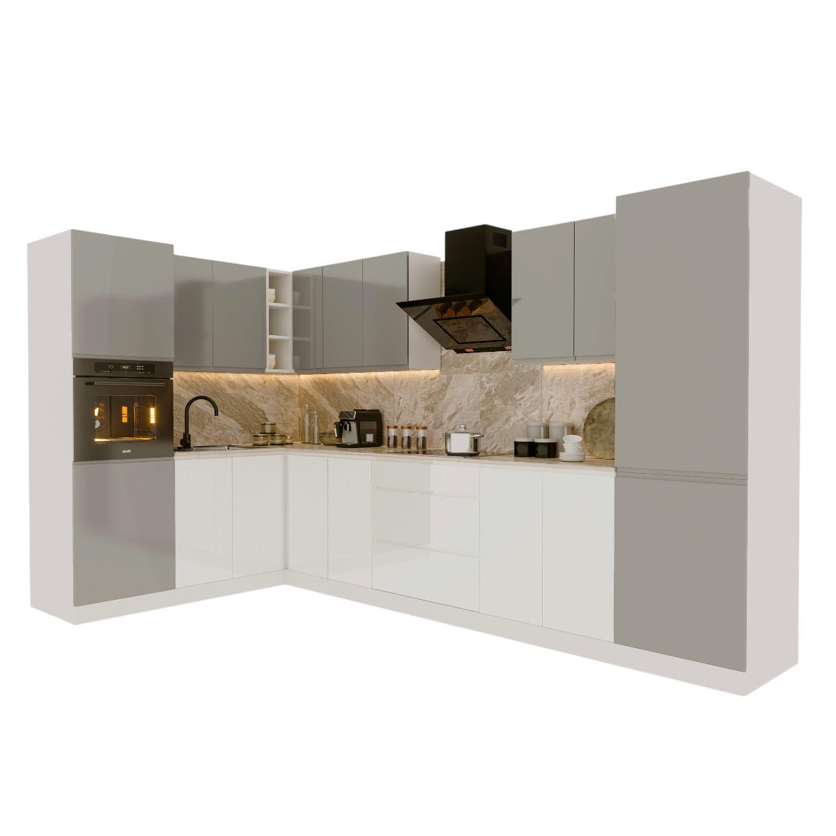 ECKKÜCHE 300x140 cm Glanzia – KU-S07 – Grau / Weiß – Hochglanz - Weiß Hochglanz/Grau, Holzwerkstoff (300/212/140cm) - hi-markt