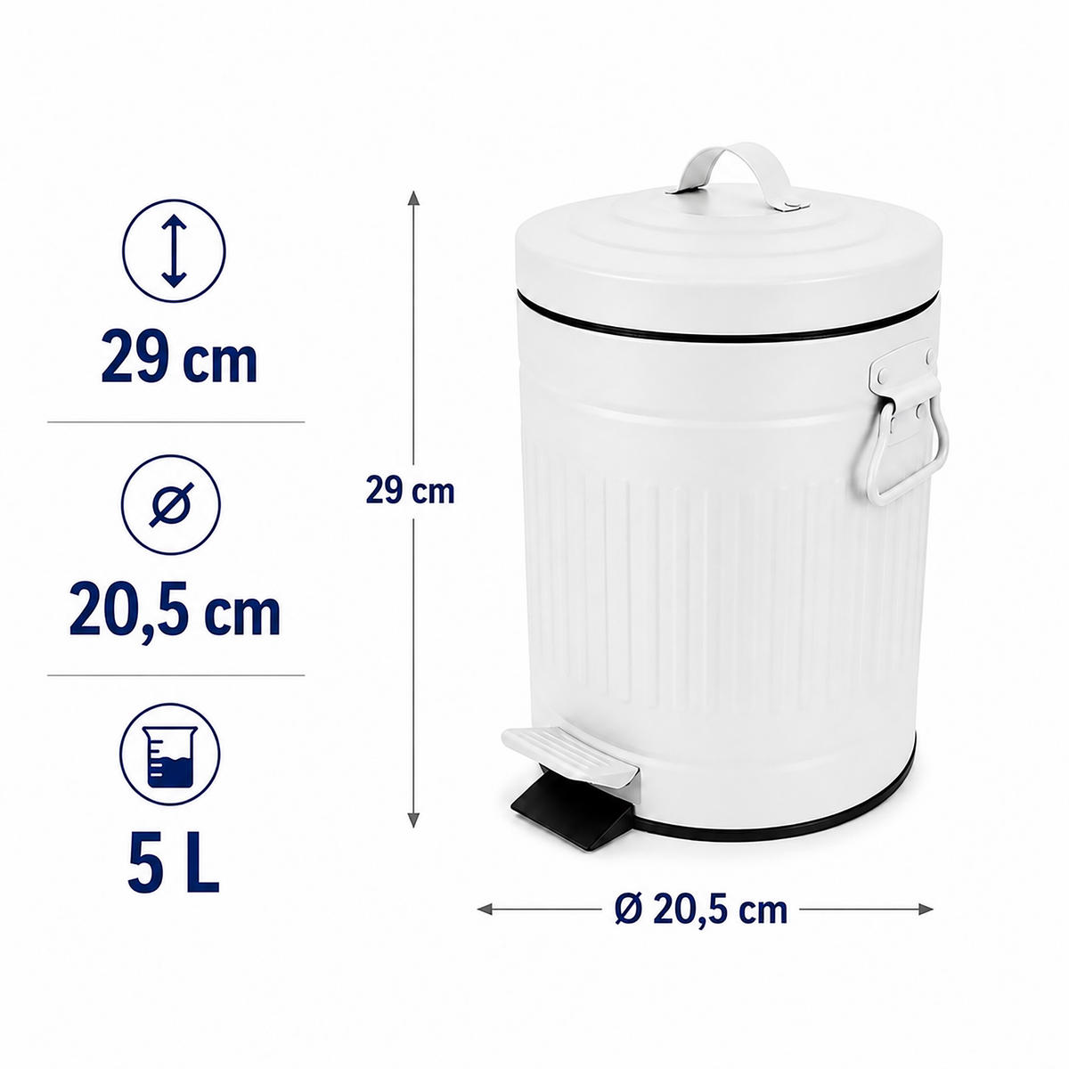 PUBELĂ Albă 5 l cu pedală retro - alb, material plastic/metal (20.5/29/20.5cm) - Relaxdays