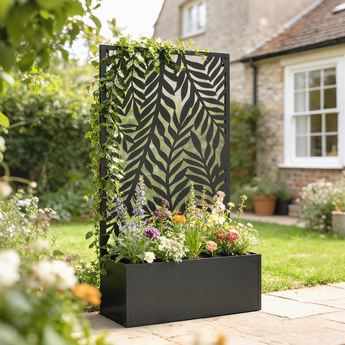 PFLANZKASTEN mit Rankgitter Metall Schwarz - Schwarz, Metall (23/113/61cm) - Outsunny