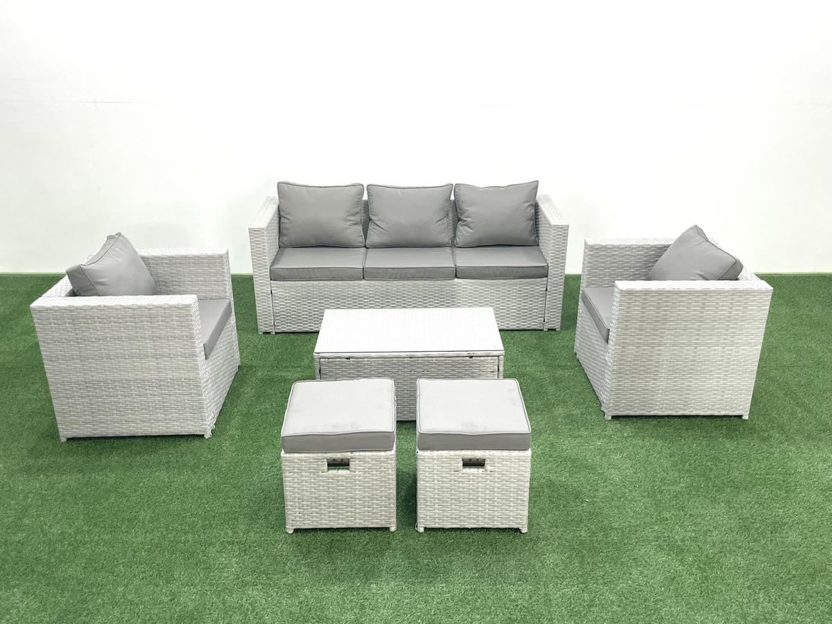 GARTENMÖBELSET mit 3-SITZER SOFA,COUCHTISCH Polyrattan Hellgrau-Mix 7-Sitzer - Hellgrau/Grau, Glas/Kunststoff - Fimous