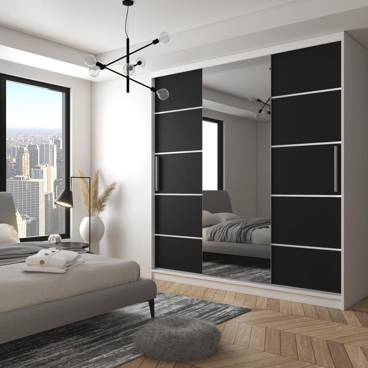 SCHWEBETÜRENSCHRANK Verona MT, Weiß/Schwarz Matt, 200 cm, mit Spiegel - Schwarz, Holz (200/216/60cm) - B BELINI GROUP