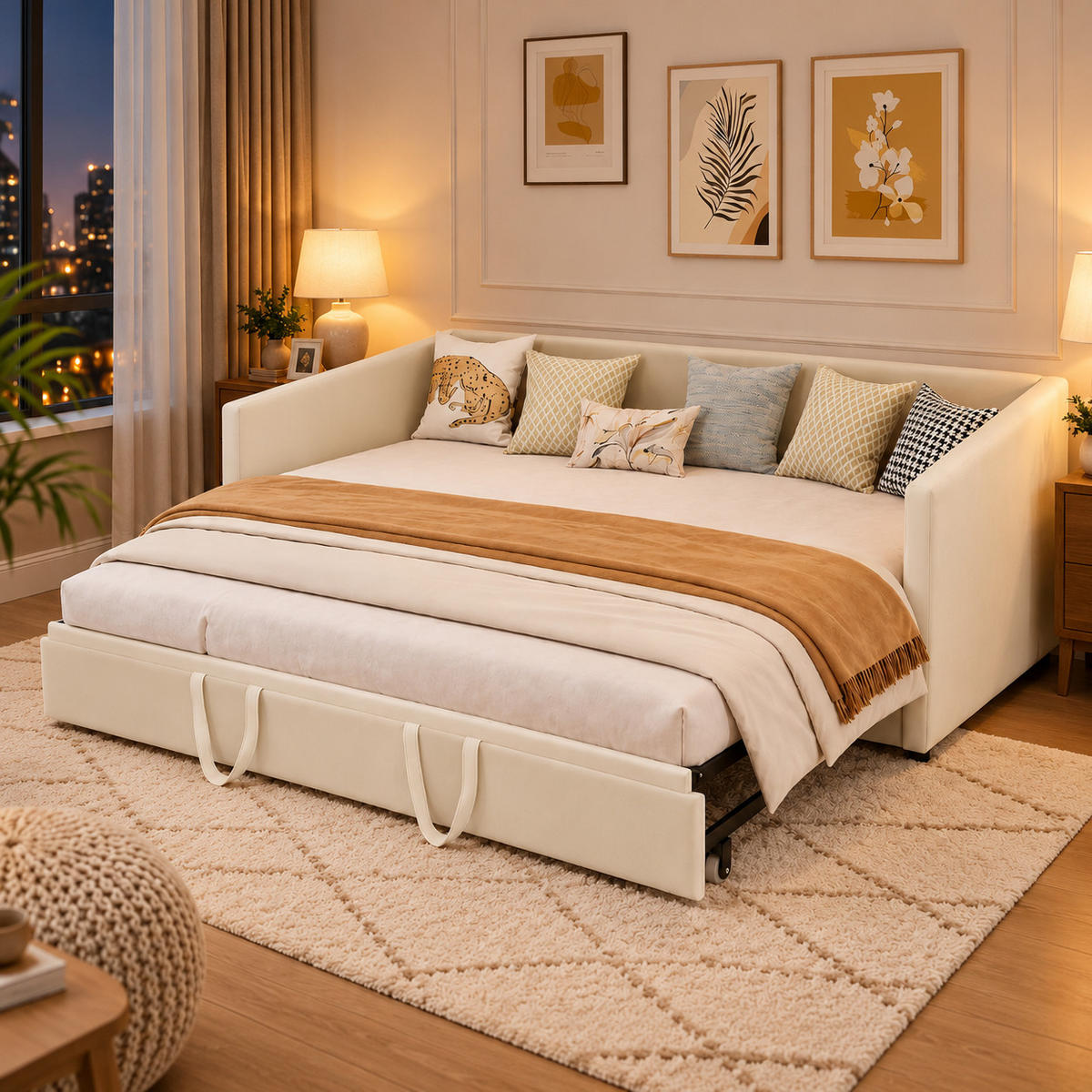 SCHLAFSOFA Samt creme ausziehbar mit Gästebett Funktion 3-fach umwandelbar Tagesbett mit Rollen - Beige, Metall (183/74/213cm) - Joyfair