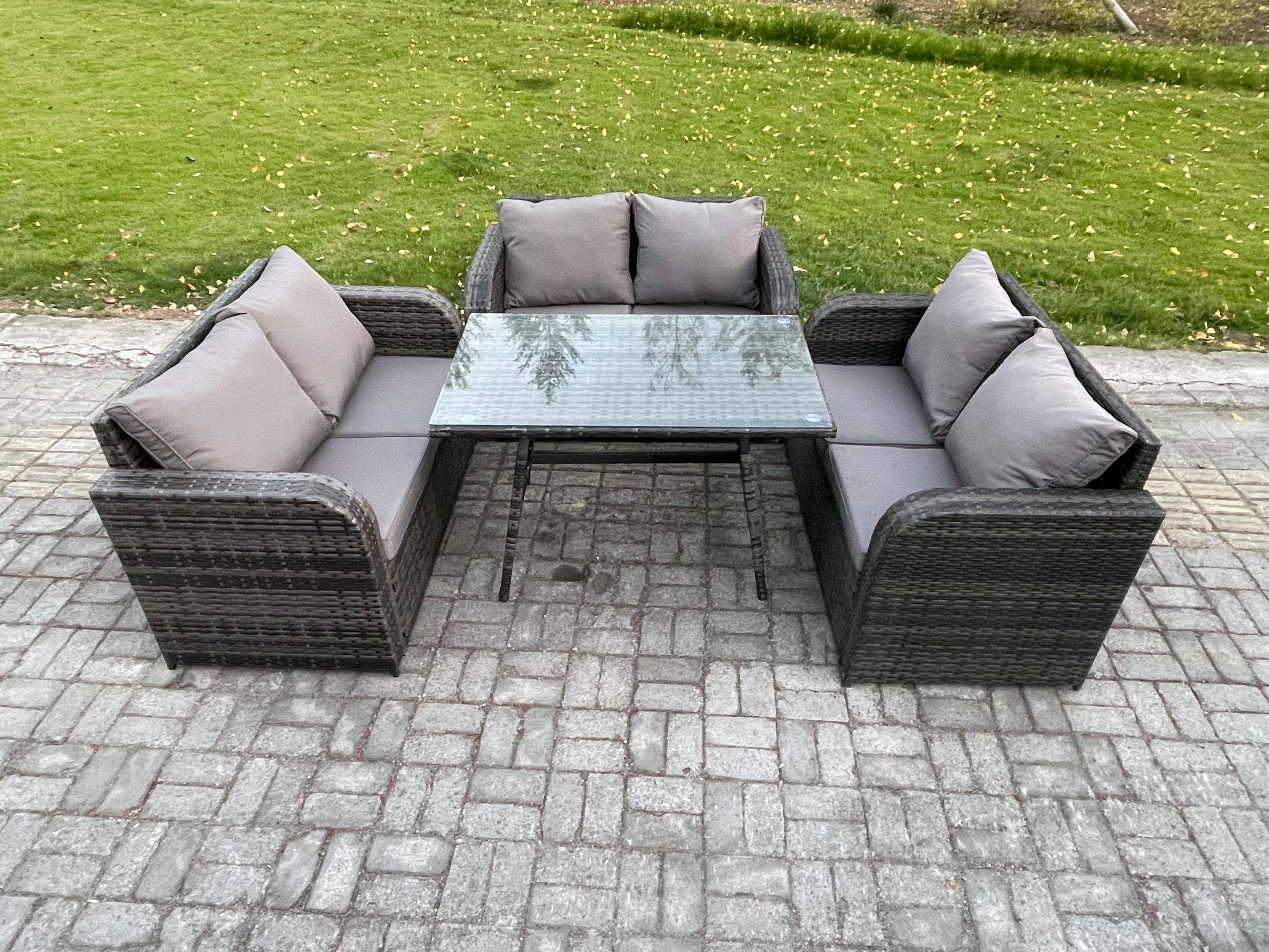 GARTENMÖBELSET mit ESSTISCH,SOFA Polyrattan 6-Sitzer - Dunkelgrau/Grau, Glas/Kunststoff - Fimous