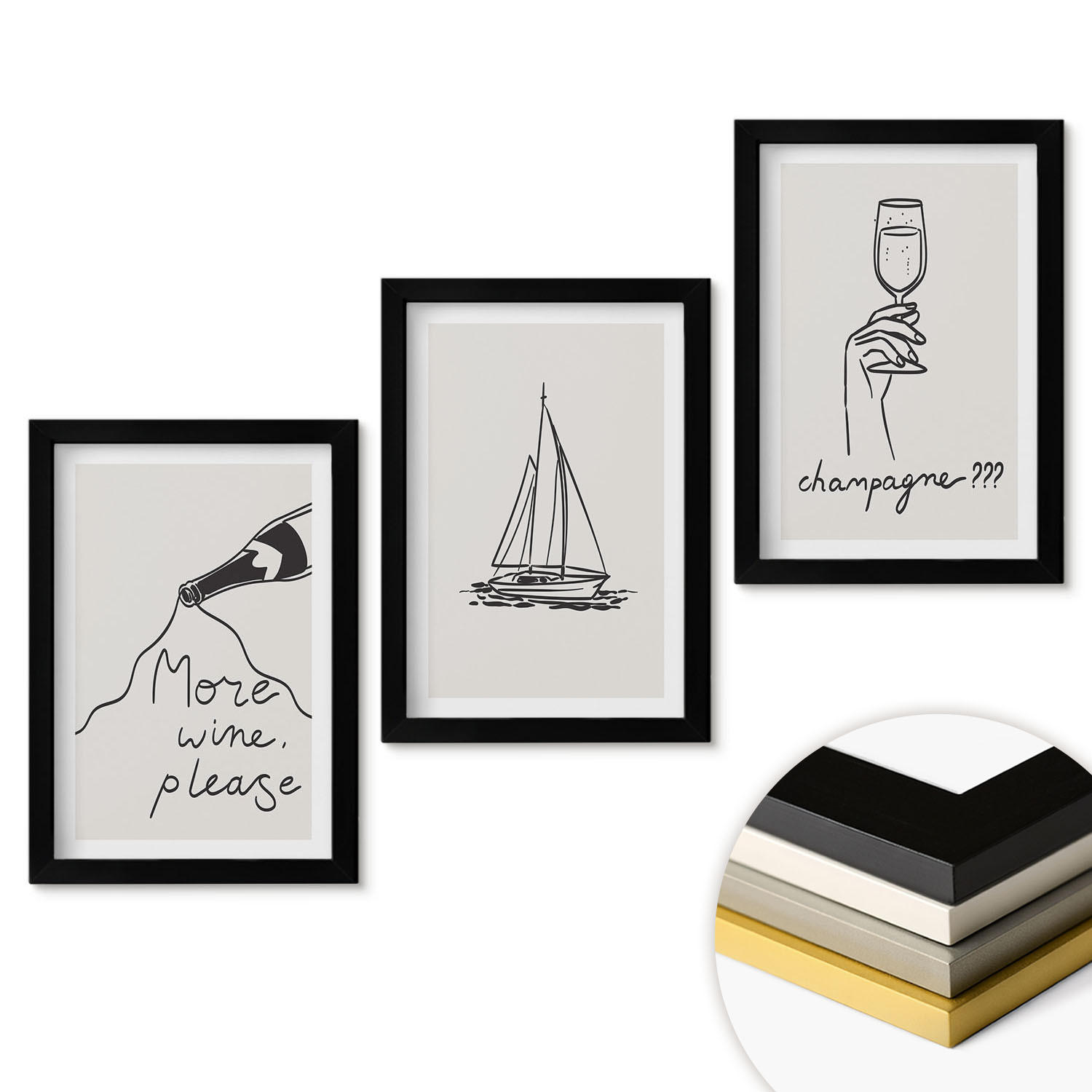 WANDBILDER 3er-Set - 20x30 cm Schwarzer Rahmen - Weinsegelboot-Glas-Linienzeichnung - Schwarz, Kunststoff (20/30cm) - ArtPrintCave