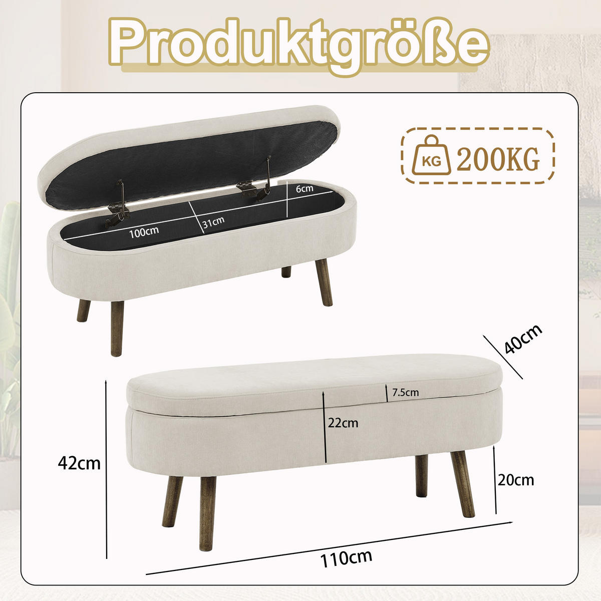AUFBEWAHRUNGSTRUHE velvet & gold 110 cm - Beige, Textil (110/42/40cm) - Urban Meuble