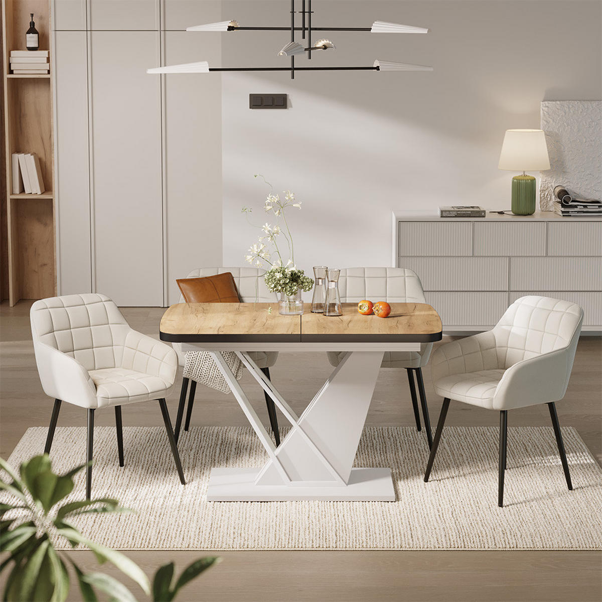 JEDILNA MIZA Fenaro, Zlati hrast z močjo/Bela, 120 x 80 cm s 4 jedilnimi stoli - barve hrasta/bela, leseni material (120/76/80cm) - Vicco