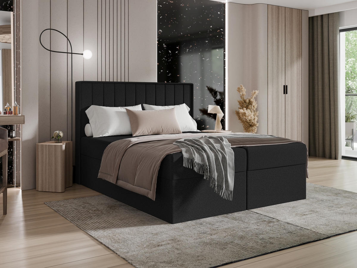 BOXBETT - Taschenmatratze + Topper 140x200 schwarz Bouclé - Schwarz, Holz/Holzwerkstoff (140/200cm) - SIMKAM Furniture