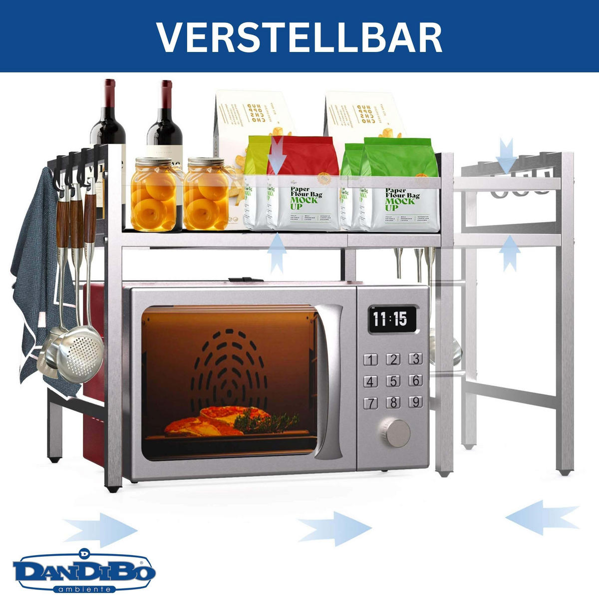 MIKROWELLENREGAL Edelstahl 2 Stufig 40-64 cm - Silberfarben, Metall (64/46/36cm) - DanDiBo