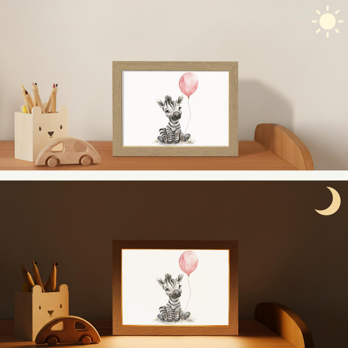 NACHTTISCHLAMPE Zebra - Baby - Tiere - Rosa Luftballon 20x15 cm - Weiß, Holzwerkstoff (8/20/15cm)